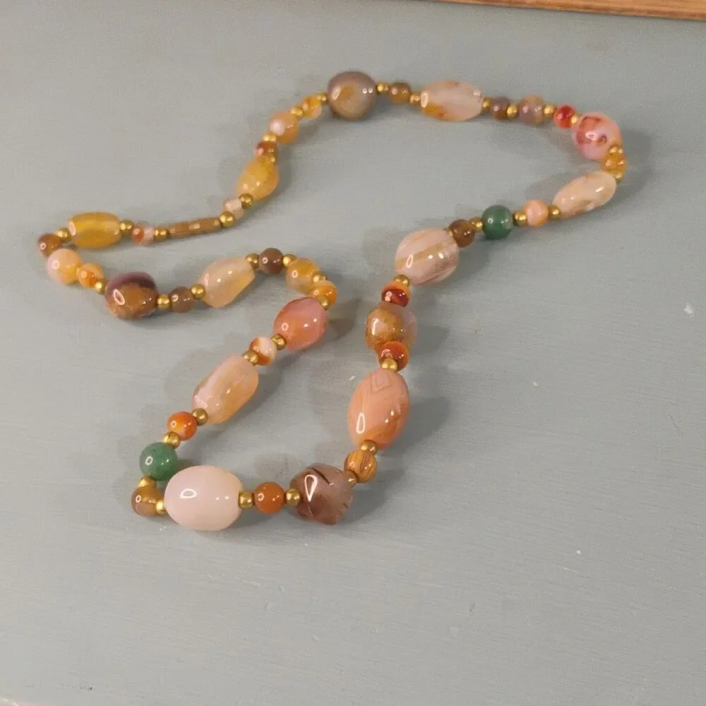 Bohemian Beggars Beads Natural Agate & Jade Beaded Necklace Barrel Clasp